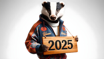 A photorealistic image of a badger wearing a fancy, stylish tracksuit, holding a wooden sign 2025. The badger is looking directly at the camera. Happy new year – Resolutions – Sport - Health.

