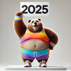 A slightly chubby bear standing in a funny, human-like pose, wearing colorful sports clothing, and holding a sign above its head 2025. Happy new year – Resolutions – Sport - Health.
