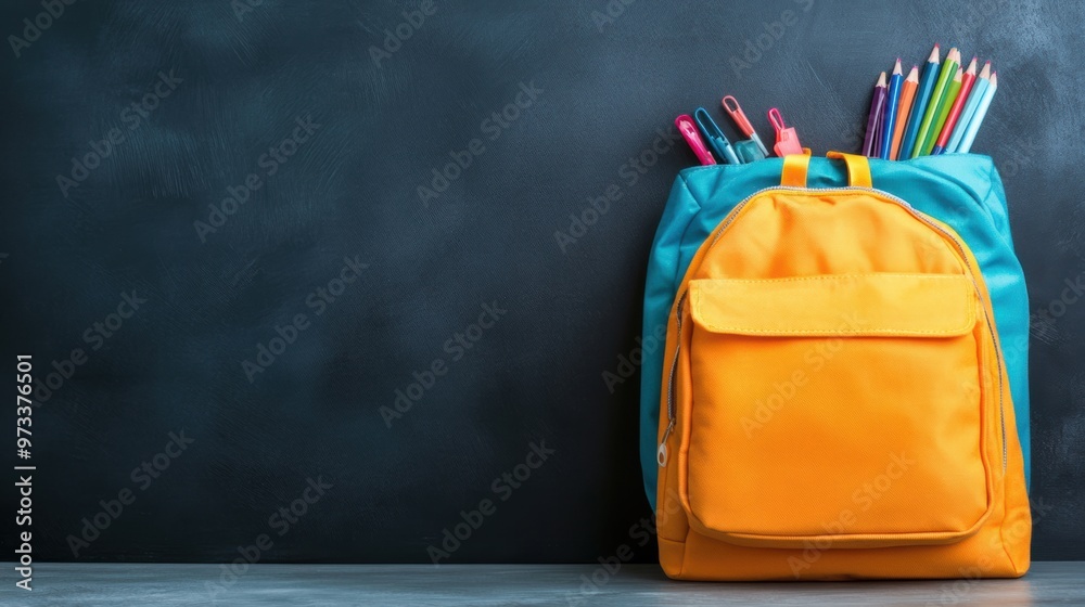 Poster A blue and orange backpack with pencils in it sitting on a table, AI