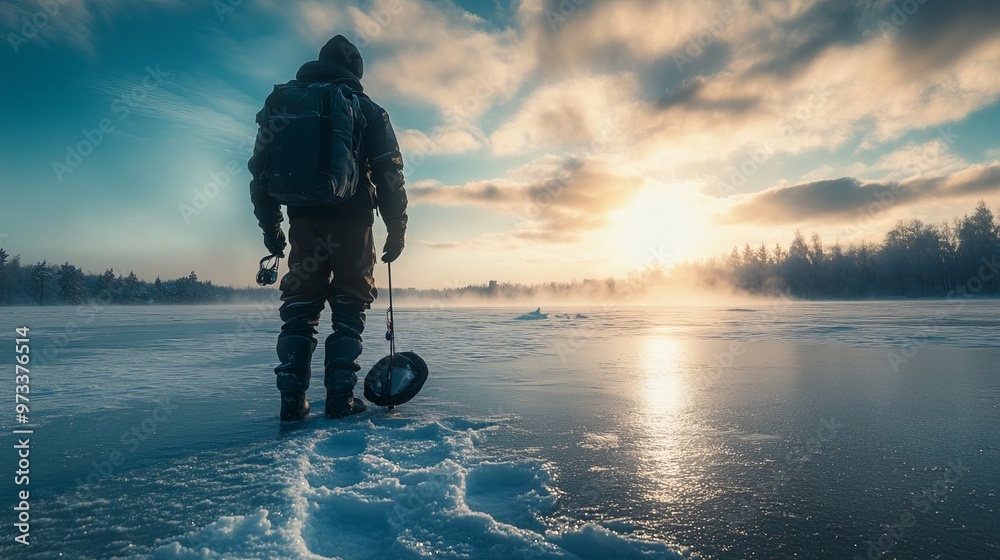 Wall mural ice fisherman setting up gear on a frozen lake, with a snow-covered landscape and winter sun in the 