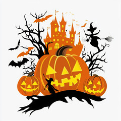 Vector illustration of Halloween, vector graphics in the style of cartoon style cute white background, silhouette of pumpkins and witches on brooms flying around the haunted house in front of three ..