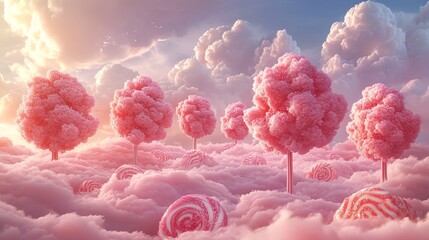 Whimsical candy landscape with pink lollipop trees, surrounded by candy-shaped mounds under a cloudy sky, fantasy world.