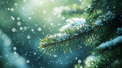 Close-up of snow resting on evergreen needles, with the snowflakes delicately balancing on the fine, green needles. 4K hyperrealistic photo.