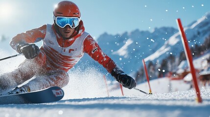 Skier racing down a giant slalom course, with gates, snow spray, and a focused expression under clear skies. 4K hyperrealistic photo.