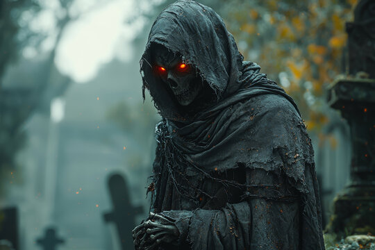 A sinister, skeletal figure with glowing red eyes and a tattered cloak, lurking in an abandoned graveyard. Concept of undead creatures and gothic horror.