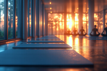 Fototapeta premium A row of exercise mats in a brightly lit gym with people engaged in various yoga poses. Concept of flexibility training and wellness.