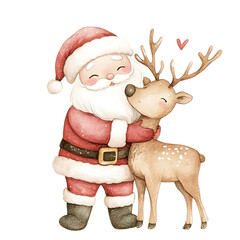 A watercolor painting of Santa Claus holding a reindeer.