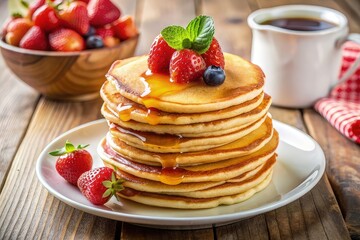 Pancakes with fresh strawberry, blueberry fruit vanilla ice cream scoop whip cream pour delicious sweet dessert on plate wooden table background