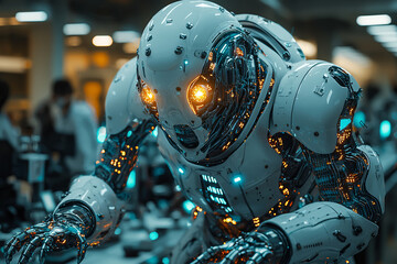 Fototapeta premium A monstrous, bio-engineered being with metallic limbs and glowing circuitry, escaping from a futuristic lab. Concept of cyber-monsters and sci-fi horror.