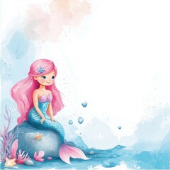 Image of Mermaid birthday invitation template with a cute pink haired mermaid sitting on a rock in an underwater printed on Printed Glass Splashbacks