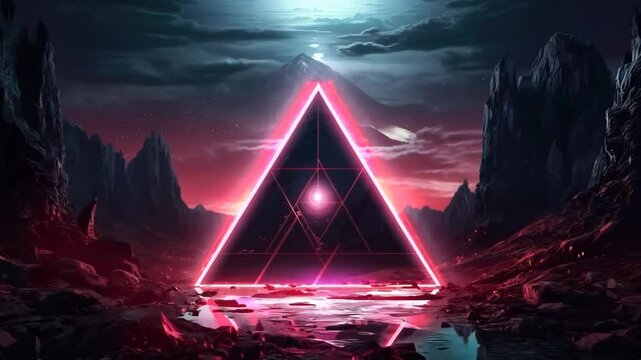Glowing futuristic neon pyramid against night starry sky. Alien planet. Teleportation to another world. Science fiction concept. Cyberspace metaverse gaming wallpaper. Abstract sci-fi background