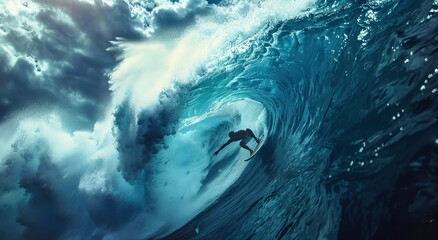Surfer on wave. Surfing man on board in tsunami. Extreme sport and travel. Blue tropical ocean or sea splash. Surfboarding relax. Surfboard in water storm