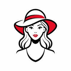 Simple line art logo of a woman wearing a hat, on a white background, vector illustration. Beautiful Woman in Hat Vector.