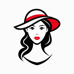 Simple line art logo of a woman wearing a hat, on a white background, vector illustration. Beautiful Woman in Hat Vector.