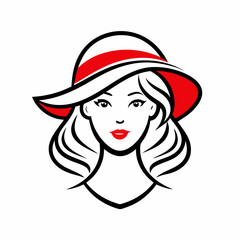 Simple line art logo of a woman wearing a hat, on a white background, vector illustration. Beautiful Woman in Hat Vector.