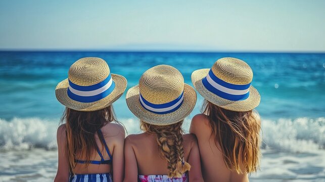 Three young girls on the beach wearing straw hats in the colors of the flag of Greece. The concept of the perfect holiday in the resorts of the Greece.