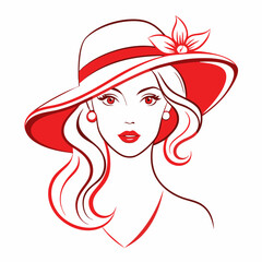 Simple line art logo of a woman wearing a hat, on a white background, vector illustration. Beautiful Woman in Hat Vector.