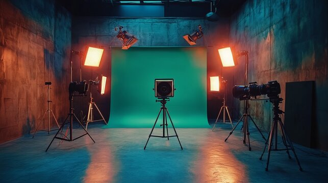 Professional photo studio setup with green chroma key background and lighting equipment. Videography concept.