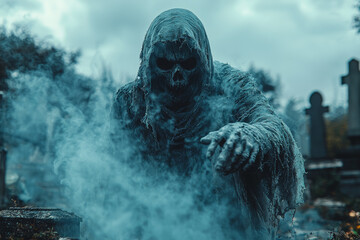 A chilling, ghostly apparition with tattered clothing and a haunting presence, floating through an old cemetery. Concept of ghostly entities and spectral horror.