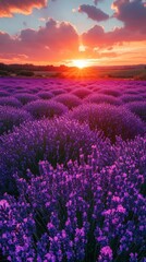 Naklejka premium Breathtaking Lavender Fields at Sunset with Dramatic Cloudy Sky