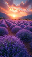 Breathtaking Lavender Fields at Sunset with Majestic Mountain Backdrop