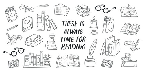 Books doodles set, reading, education library collection for prints, coloring pages, cards, social media, planners, scrapbooking, etc. EPS 10