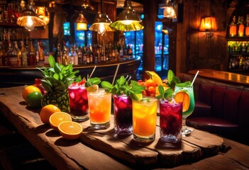 Fototapeta premium vibrant drinks made from fresh fruits vegetables served lively pub atmosphere enticing garnishes appealing presentations, beverages, cocktails, juices