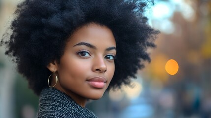 Fototapeta premium Beautiful young black woman outdoors in the city - African american female teenager with afro hairstyle portrait