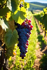 Fototapeta premium vibrant vineyard landscape featuring flourishing grape vines lush green rows under bright blue sky, grapevine, greenery, crops, agriculture, nature, field
