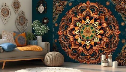 Vibrant Mandala Patterns in Unique Indian Wallpaper Design with Tribal Elements