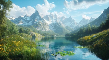 Fototapeta premium Breathtaking Mountain Landscape with Pristine Lake and Lush Forest in Scenic Alpine Setting