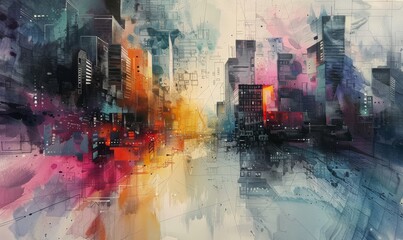 abstract watercolor painting of city buildings, the blurred buildings immersed with bits of light pencil lines and muted colors