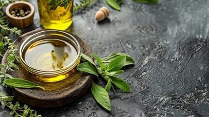 Artisan herbal oil beautifully showcased alongside fresh green leaves on a charming rustic surface, evoking nature