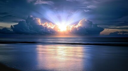 Breathtaking Stormy Sky Sunset Reflecting on Tranquil Ocean Horizon