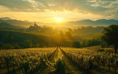Naklejka premium Breathtaking Sunrise Over Idyllic Vineyard Landscape in Countryside