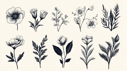 Set of Hand Drawn Flower Elements