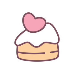 Cute cake icon. Hand drawn illustration of a creamy dessert with a little pink heart isolated on a white background. Kawaii St. Valentine day sticker. Vector 10 EPS.