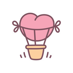 Cute aerostat icon. Hand drawn illustration of a heart-shaped hot air balloon isolated on a white background. Kawaii St. Valentine day sticker. Vector 10 EPS.