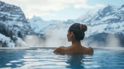 A woman enjoys a hot bath in a pool at a spa retreat with steam around her, against a backdrop of snowy mountains in winter.