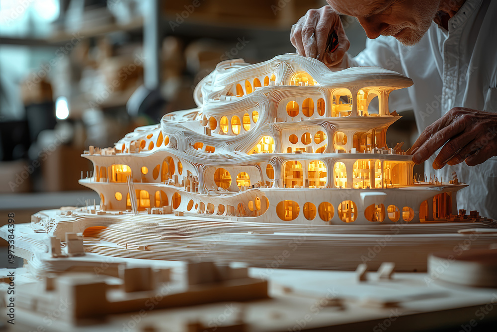 Poster an architect using unconventional materials to build a model of a new structure, showcasing innovati