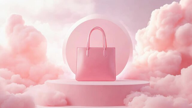 A pink tote bag on a round base with a light pink pastel background.