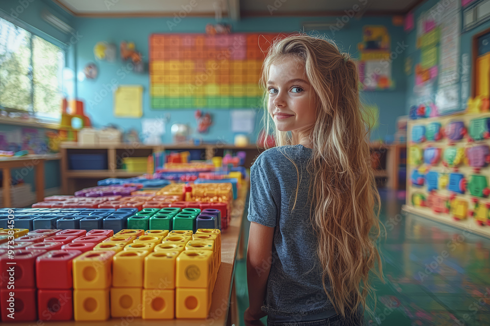 Poster a teacher using interactive educational toys to demonstrate unique problem-solving strategies in a c