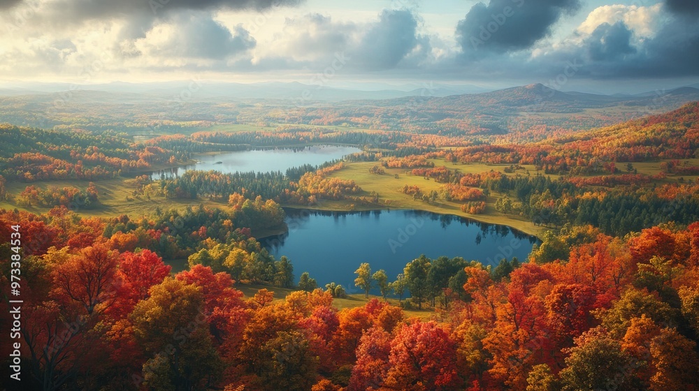 Wall mural expansive aerial view of a colorful autumn landscape, with forests, lakes, and rolling hills glowing