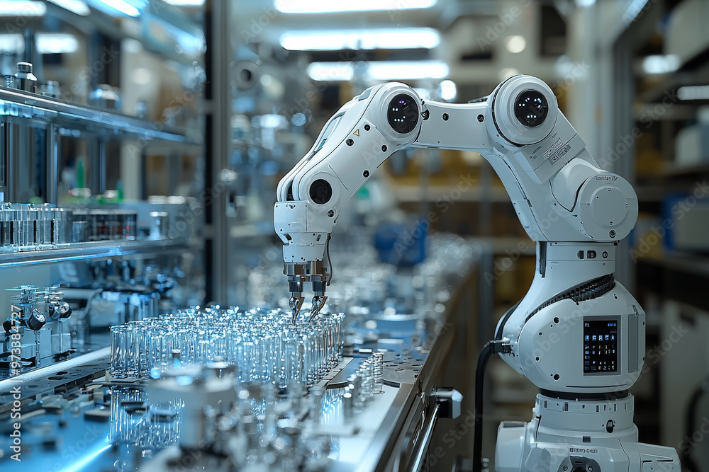 Poster a robotic arm precisely assembling intricate components in a high-tech laboratory. concept of automa