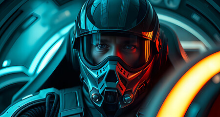 Fototapeta premium A futuristic helmet with glowing blue and orange elements against a blurry background of advanced machinery.