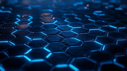 Fototapeta premium A sleek, modern honeycomb pattern with glowing blue neon lines on a dark background signaling technology and connectivity