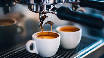 An espresso machine is actively dispensing coffee into two white ceramic cups, with some spillage seen around demonstrating the genuine and lively caf&Atilde;&copy; experience.