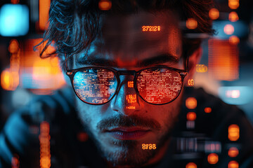 A programmer coding an elaborate algorithm to solve a complex problem, demonstrating technical problem-solving skills. Concept of computer science and creativity.