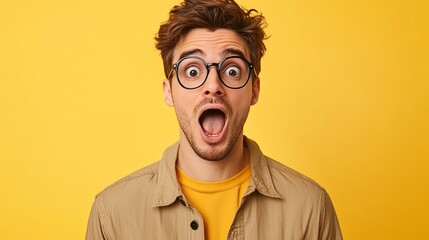 Fototapeta premium Photo of funny impressed man wear khaki stylish clothes open mouth isolated on yellow color background