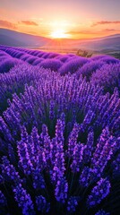 Fototapeta premium Endless Lavender Fields Against a Serene Sunset Sky